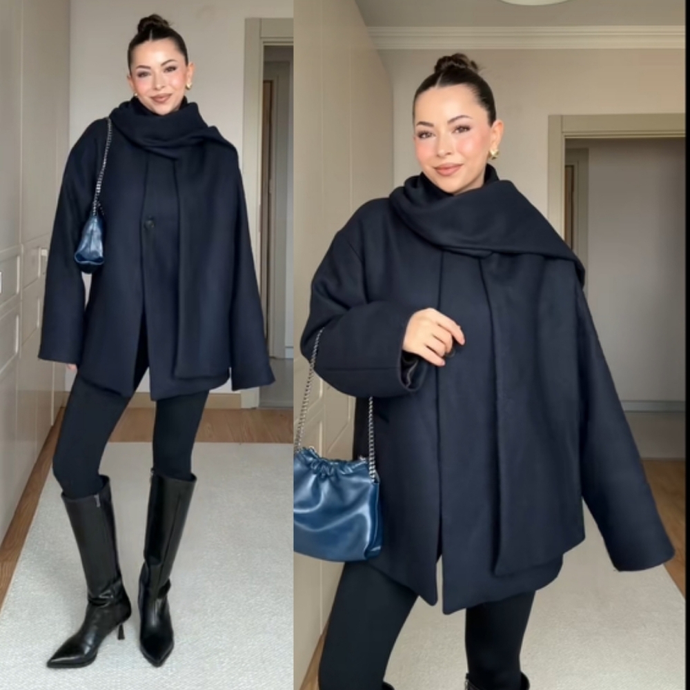 ZARA WOOL BLEND SHORT COAT WITH SCARF Navy Size XL